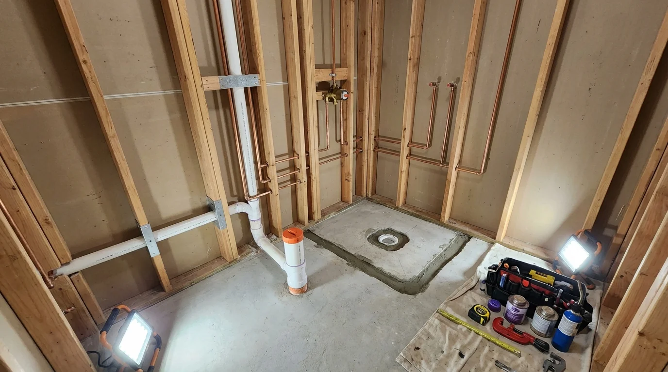 Bathroom rough-in plumbing during remodel by Johns Plumbing LLC in New Hope