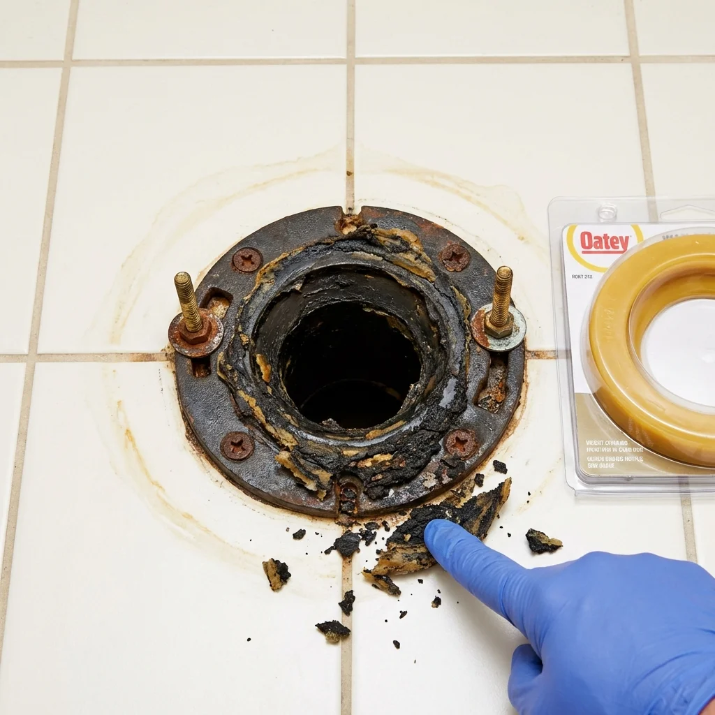 Failed wax ring showing water seepage at the base of a toilet in a New Hope, AL home