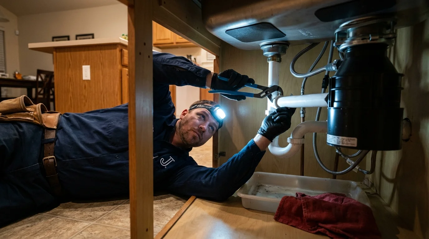 P-trap and supply line connections under a kitchen sink showing a common leak point in New Hope, AL